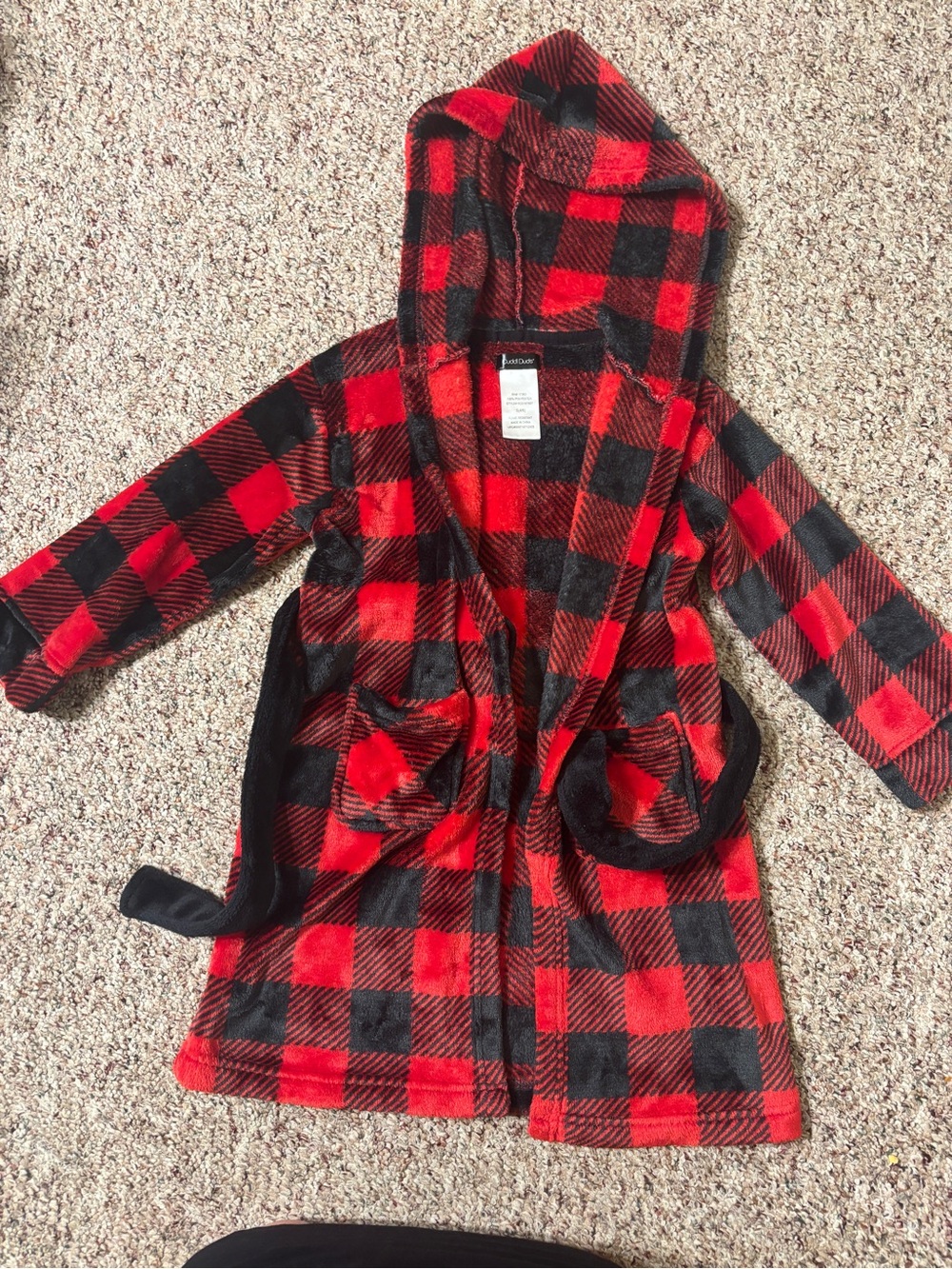 Kids small 4-6 Cuddl Duds Plush Hooded Robe - Red Black Buffalo Check